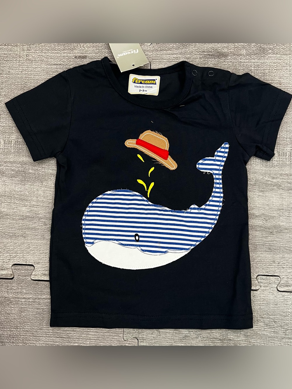 fiream Toddler T-Shirt 2-3Y Navy Whale Appliqué Striped Cotton Crew Tee